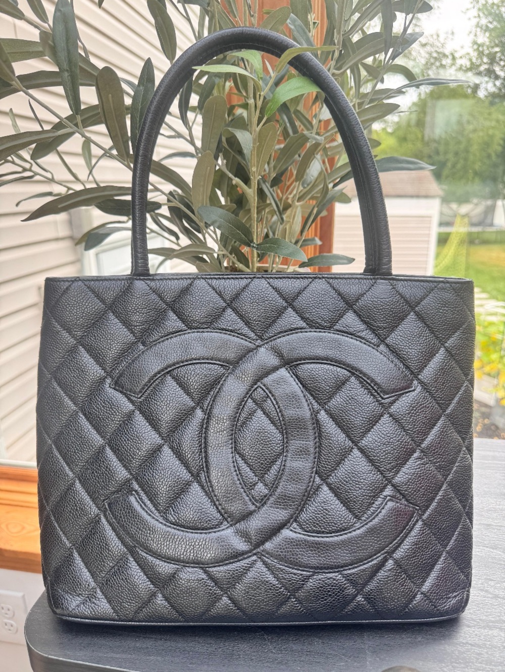 CHANEL Authentic Black Quilted Caviar Leather CC Tote